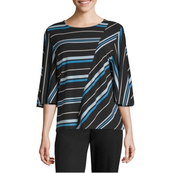Stretch Knit Blouse Flowy Multi Stripes Blue Black 3/4 Sleeve Top Size XLarge - Picture 12 of 12